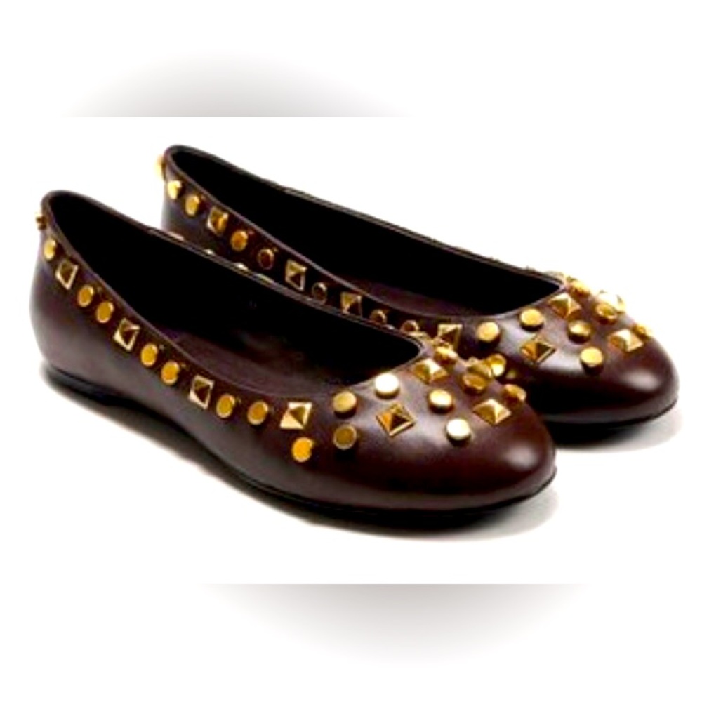 Tory Burch Leather Ballet Flats 38/ 7.5 Brown Gold Studded Round Toe Classic
